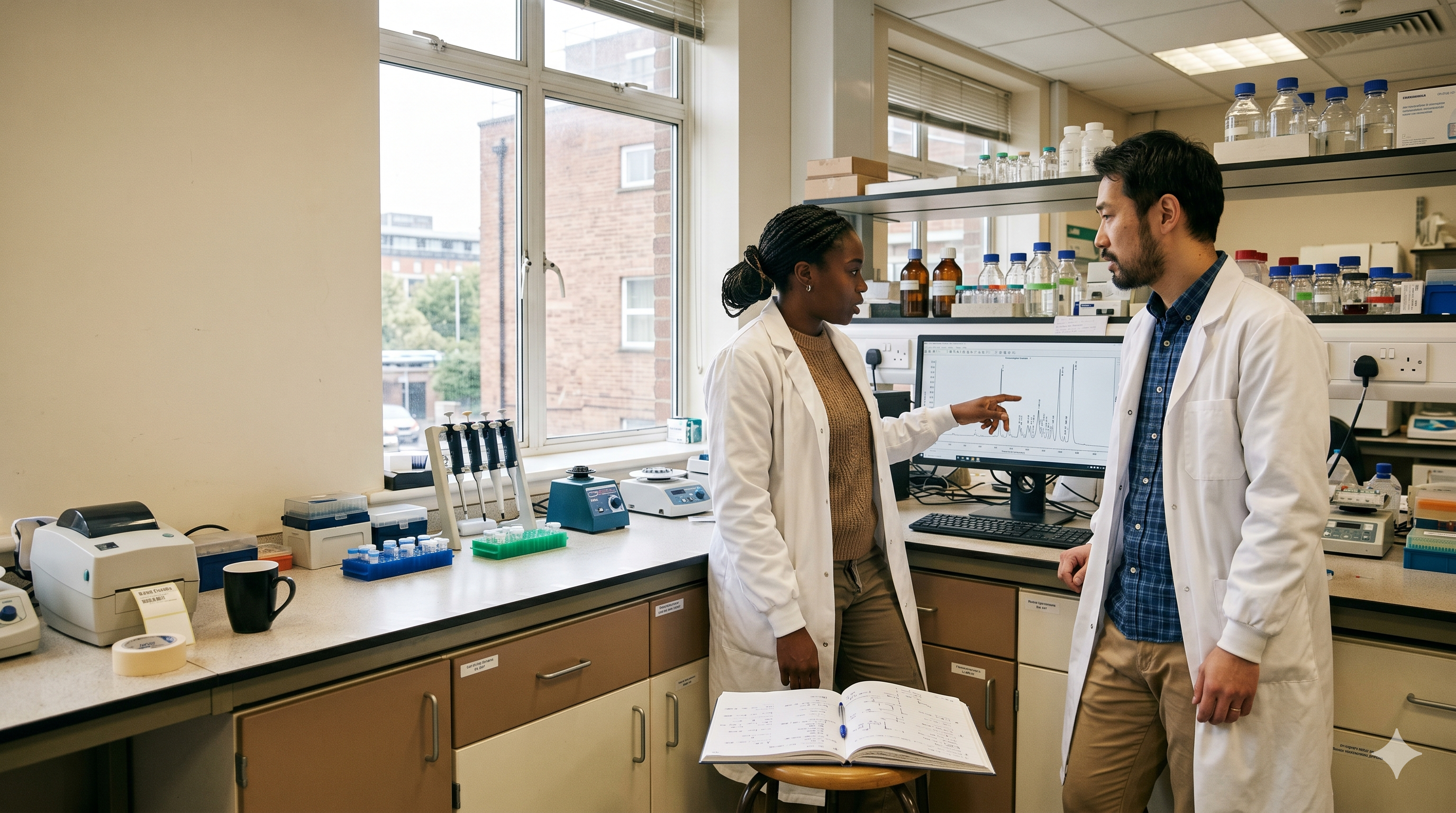 Two scientists in a working biotech lab reviewing data on a benchtop monitor.