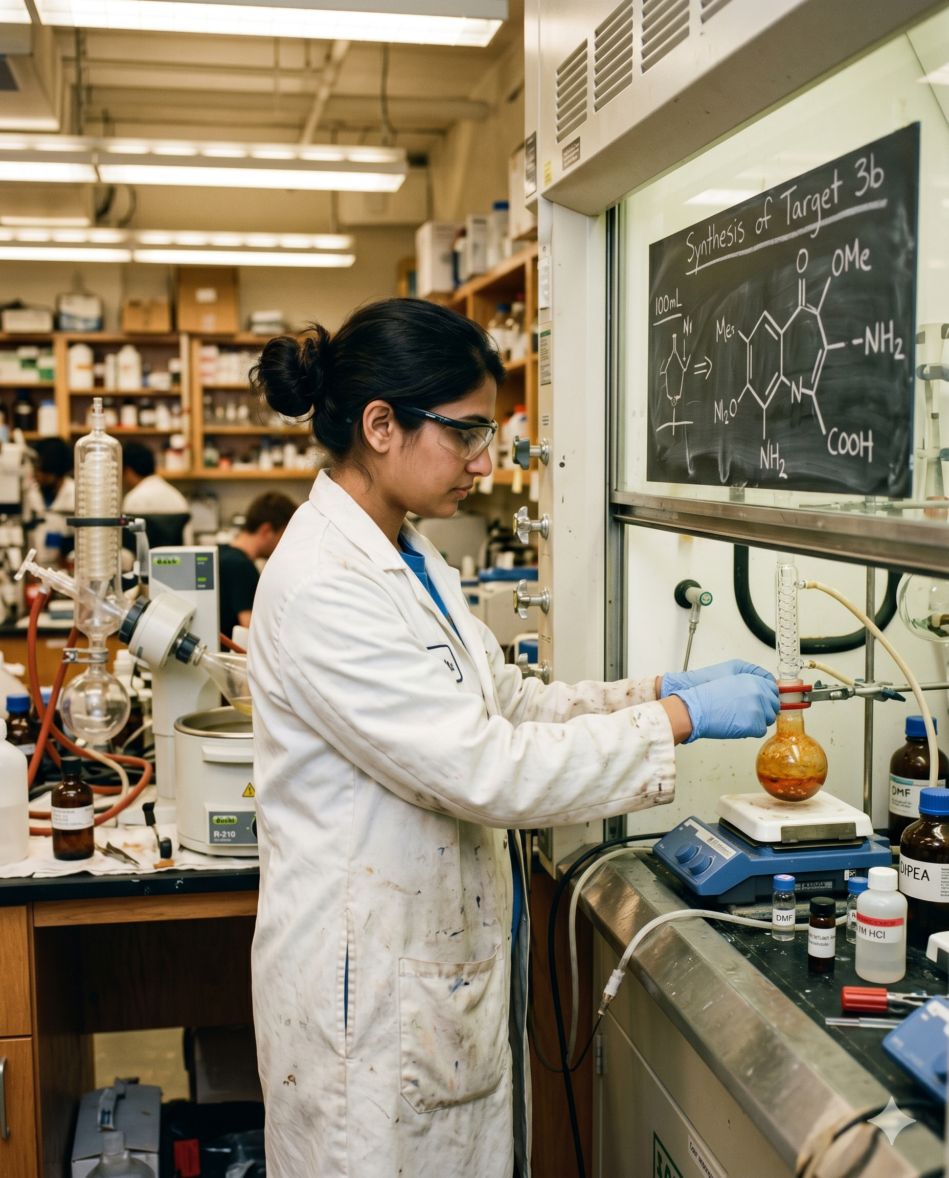 Anavo Therapeutics chemist at a fume hood adjusting a reaction flask.