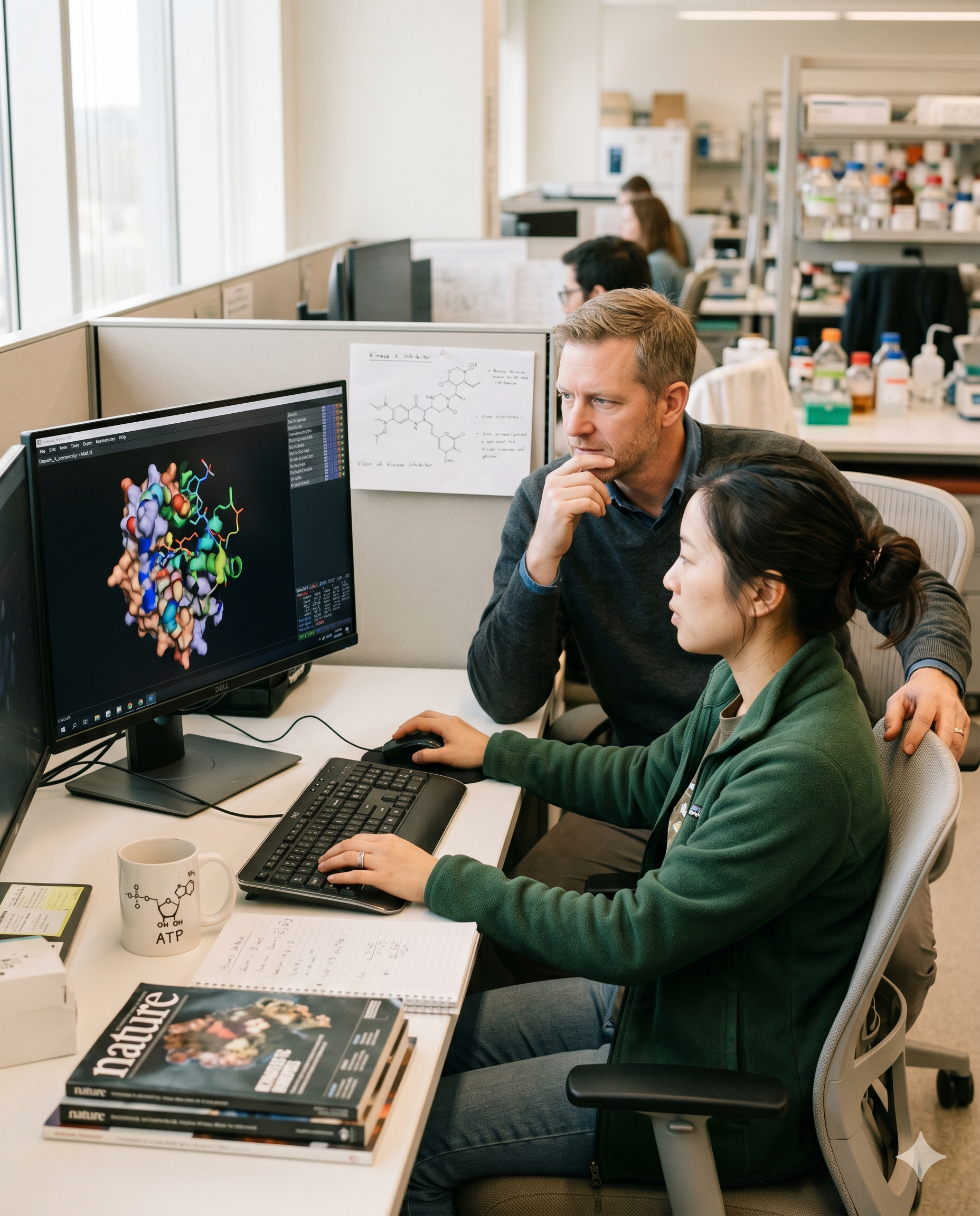 Halda Therapeutics team examining a 3D protein-binding model on screen.
