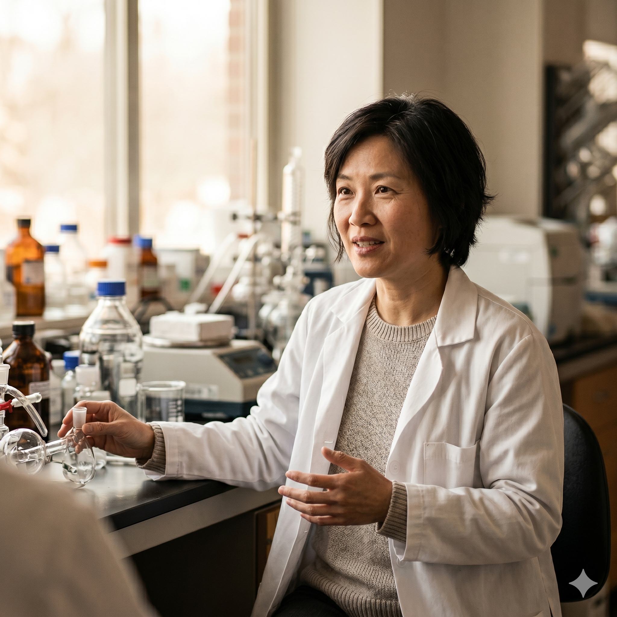 Dr. Mei-Lin Chen, CEO of Anavo Therapeutics, in a working lab setting.