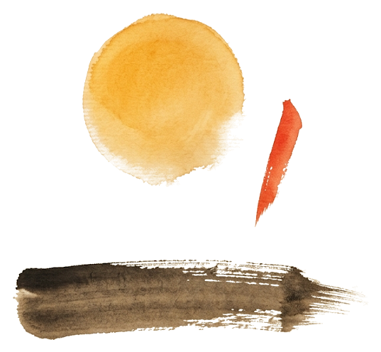 Sumi-e composition on washi — ochre sun disc, vermillion accent stroke, sumi-ink horizontal sweep.