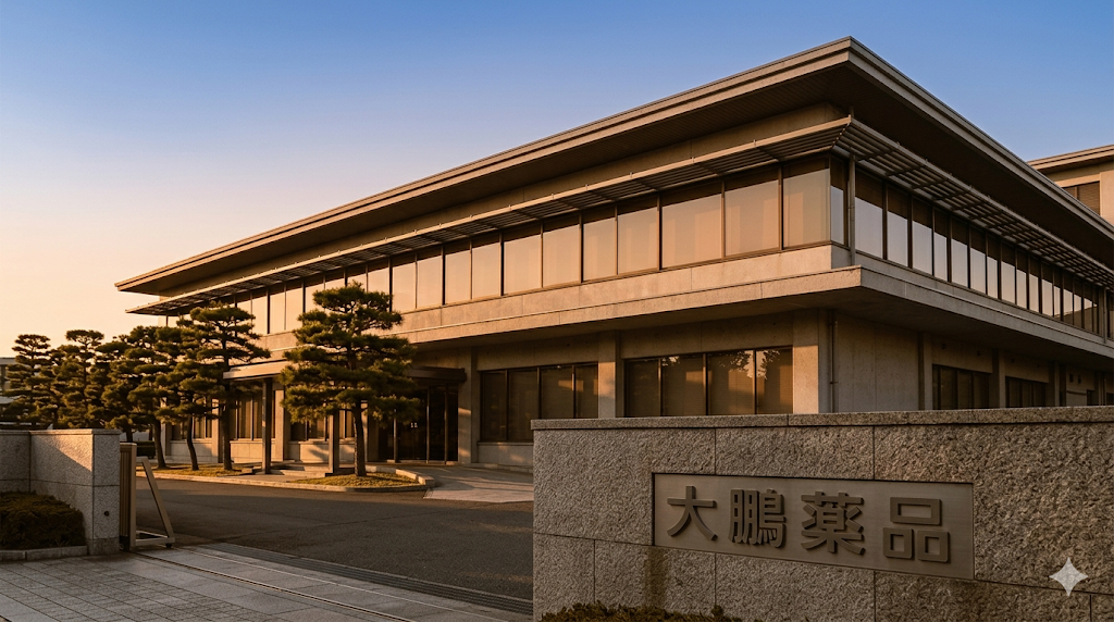 Taiho Pharmaceutical parent campus at golden hour — low mid-century-modern building, carved 大鵬薬品 stone wall in foreground, pine trees along entrance walk, cobalt-to-peach sky.